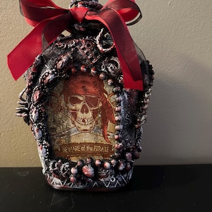 Customized Crown Royal Light Up Bottle, Upcycled Crown Royal Bottle, Liquor Bottle Lamp, Recycled Liquor Bottle Lamp, Pirate Themed Bottle