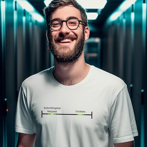 Könnte beinhalten: Ein Mann mit Brille und einem weißen T-Shirt, auf dem der Text "SubmitCapital Request" und "Crickets" aufgedruckt ist. Der Text ist Teil eines Diagramms mit einer Linie, die die beiden Wörter verbindet.