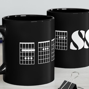Guitar Hidden Chord Mug,Guitar Chords,11 oz black chord mug,Hidden Word Cup,present for guitarist,Black Coffeecup,Guitar Chord Puzzle