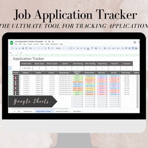 May include: A screenshot of a Google Sheets spreadsheet titled "Job Application Tracker Template". The spreadsheet is used to track job applications, including the company, position, location, hiring manager, application status, interview status, offer status, and salary range.