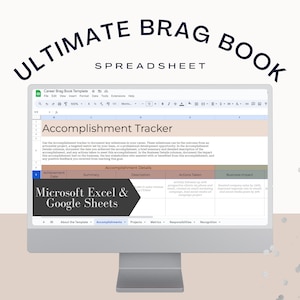 Complete Accomplishment Tracker Brag Book Ultimate Metrics and Recognition Log Google Sheets Excel Editable Career Advancement Workbook