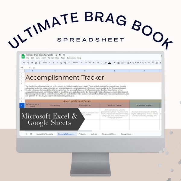 Complete Accomplishment Tracker Brag Book Ultimate Metrics and Recognition Log Google Sheets Excel Editable Career Advancement Workbook