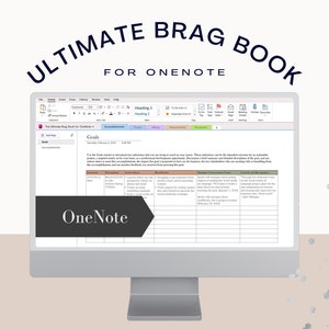 Op de afbeelding: Een screenshot van een computerscherm waarop een OneNote-document te zien is met de titel "The Ultimate Brag Book for Creatives". Het document bevat een tabel met koppen voor "Doelen", "Prestaties", "Projecten", "Individuen" en "Groei en erkenning".