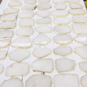 Natural White Quartz Crystal Platters/Slabs with Gold Rim, Genuine Agate Slice Serving Tray/Cheese Board/Table Centerpiece, Countertop Decor