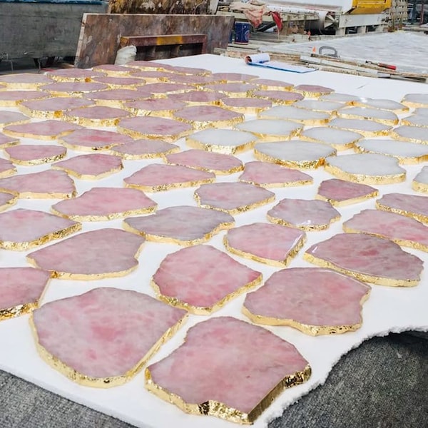 Genuine Rose Quartz Platter with Gold Edge (Per Slice), Rose Quartz Coaster/Serving Tray, Pink Crystal for Table Centerpiece, Gemstone Decor