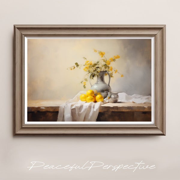 Lemons and Pot Vintage Downloadable Print Art, Still Life Digital Instant Download, Living Room Pastel Rustic Downloadable Kitchen painting