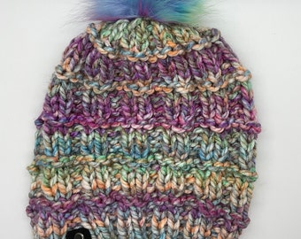 Adult Knitted Beanie Hat multicolored purple, blue, pink, green, yellow
