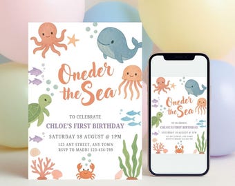Puede incluir: Una invitación de cumpleaños con el texto "Oneder the Sea", con ilustraciones de criaturas marinas. El diseño incluye un pulpo, una ballena, una medusa y una tortuga. La invitación es para el primer cumpleaños de Chloe.
