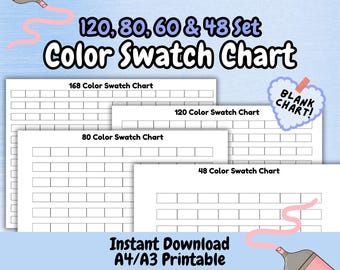 May include: A set of printable color swatch charts in four sizes: 168, 120, 80, and 48. The charts are blank and ready to be filled in with colors. The text "BLANK CHART!" is written on a heart-shaped sticker.