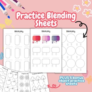 May include: Printable practice sheets for blending watercolor paints. The sheets include different shapes and sizes for practicing color transitions. There are also five bonus sheets with objects to color.
