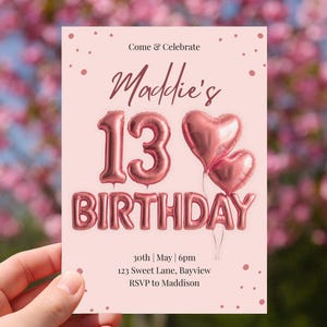 Roségold Folienballon 13. Geburtstag einladen für Mädchen, bearbeitbare Canva-Vorlage, dreizehnte Mädchen-Geburtstagseinladung