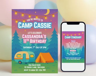 Invitación de cumpleaños de camping e itinerario • Vibrante, editable (descarga digital)