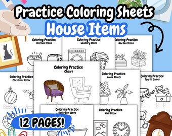 Hojas de práctica para colorear: Objetos y objetos del hogar, Páginas imprimibles de objetos del hogar, Práctica con marcadores Ohuhu, Practica antes de colorear.
