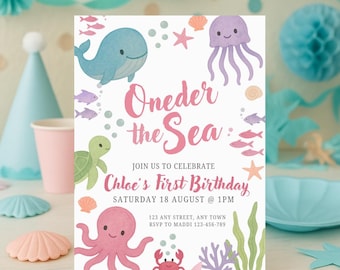 Oneder The Sea Birthday Invitation | Watercolor Ocean Theme (Editable Template, Digital Download)
