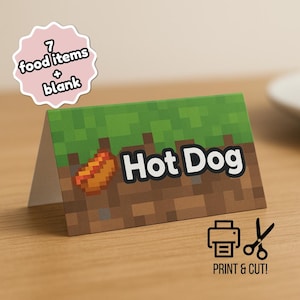 Set van 7 pixelart-voedseltenten + 1 blanco, op pixel geïnspireerd feestvoedseletiket, personaliseerbare voedseltenten, bewerkbaar en afdrukbaar, verjaardagsdecor