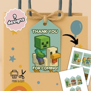 9 étiquettes de remerciement d'anniversaire inspirées du Pixel Art modifiables, étiquettes de sac cadeau, fête d'anniversaire de joueur, étiquettes personnalisées