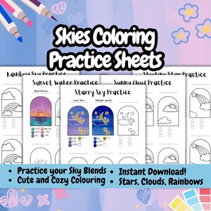 Può includere: Pagine da colorare stampabili che presentano diverse scene del cielo, tra cui un arcobaleno, un tramonto, una notte stellata e nuvole. Le pagine includono palette di colori per ogni scena. Il testo "Skies Coloring Practice Sheets" è in cima all'immagine.