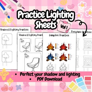 Könnte beinhalten: Ein druckbarer PDF-Download von Übungsbögen zum Zeichnen von Schatten und Licht. Die Bögen zeigen einen Baum, einen Stuhl mit einer Lampe, ein Lagerfeuer und einen Kamin. Jedes Blatt enthält eine Farbpalette zum Schattieren.