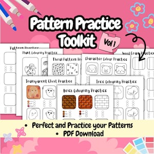 May include: A printable pattern practice toolkit with a variety of colouring pages for children. The pages include patterns of plants, flowers, characters, bricks, ghosts, and trees. The toolkit is titled "Pattern Practice Toolkit Vol 1".