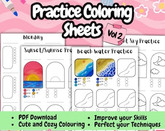 Printable Coloring Practice Sheet, Perfect your Patterns, Sunset and Sunrise. Beach Water Techniques Template and Alcohol Marker Blending!