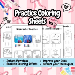 May include: A set of printable colouring sheets with the title "Practice Coloring Sheets Vol 3". The sheets feature underwater scenes, reflections in water, and a moonlit landscape.