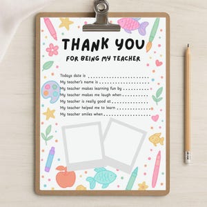Página do questionário de apreciação do professor para impressão, Obrigado por ser meu professor, Presentes de pastel para professores de alunos, Download instantâneo