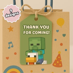 Lot de 9 étiquettes de remerciement d'anniversaire inspirées du style pixel modifiables, étiquettes de sac cadeau de fête d'anniversaire merci d'être venues, modifiables et imprimables