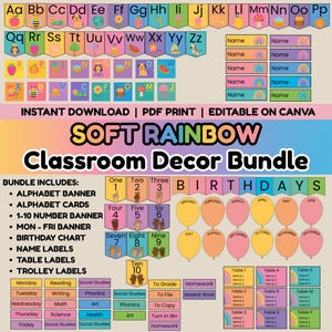 Paquete de decoración para el aula, tonos arcoíris suaves, editable y listo para imprimir, etiquetas organizativas, alfabeto, tabla de cumpleaños, etiquetas para carrito, etc.