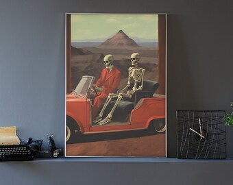 Death Drive ( Surreal Art, Vintage Art, Collage Wall Art, Skeletons Driving, Classic Car, Desert, Retro, Suited Skeleton, Gothic, Weird )