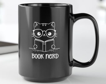 Book Nerd Mug Gift book lover bookworm booktok booktrovert teacher bookish Cute Cat Reading a Book Coffee Mug Unique Cat Coffee Cup Reading
