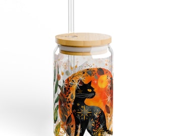 Black Cat Cosmic Tumbler – 16oz Glass Cup with Bamboo Lid