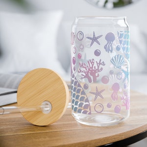 Mermaid fin sea shell beer can style glass with bamboo lid and straw mermaid decor beach house drinkwear starfish under the sea ecofriendly