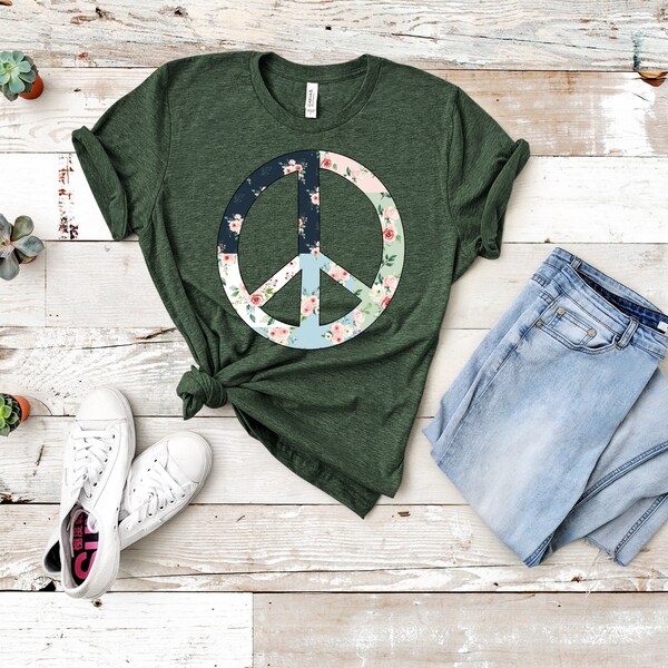 Peace Symbol Graphic Tee, simple colorful design, trendy classic tee for her-peace sign hippie style 60s 70s tee, retro fashion, boho look