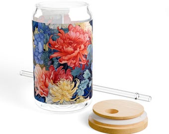 Coral Peony Floral Glass Sipper Cup, 16oz Beer Can Tumbler, Art Deco Flowers