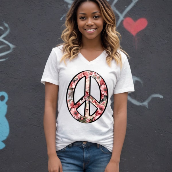 Peace Symbol VNeck Tee, simple colorful design, trendy classic tee for her-peace sign hippie style 60s 70s tee, retro fashion, boho look