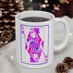 Queen of Hearts Ceramic Mug: Edgy Neon Playing Card Design