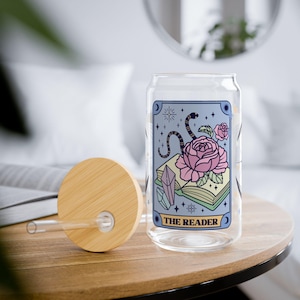Vaso con sorbete con tapa y pajita Vaso de cristal con temática de cartas del Tarot The Reader, artículos de bar con motivos florales, vasos reutilizables ecológicos