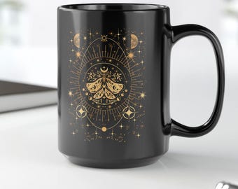 Luna Moth Celestial Mug: Gold Tattoo Style, Boho Witchy Coffee Cup