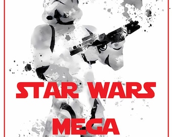 Könnte beinhalten: Eine schwarz-weiße Illustration im Aquarellstil eines Stormtroopers, der ein Blastergewehr hält. Der Text STAR WARS MEGA STL PACK ist in fetten roten Großbuchstaben in der Mitte und am unteren Rand des Bildes auf weißem Grund gedruckt.