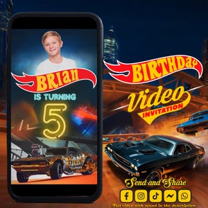 May include: A digital birthday video invitation featuring a young boy named Brian. The design includes a Hot Wheels theme with a race car, the number 5, and the words "Birthday Video Invitation". Social media icons are at the bottom.