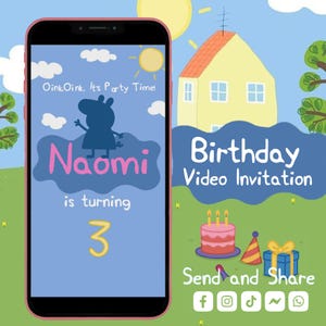 Invitación de video de cumpleaños de cerdito, invitación de video de personajes de dibujos animados de cerditos, invitación de video de cumpleaños de cerdita, invitación de video de dibujos animados para niños