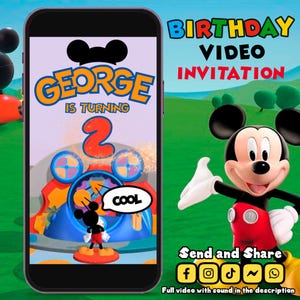 Mickey Mouse video-verjaardagsuitnodiging, Mickey Mouse-uitnodiging, geanimeerde uitnodigingen feest Mickey, Mickey Mouse gepersonaliseerde video-uitnodiging