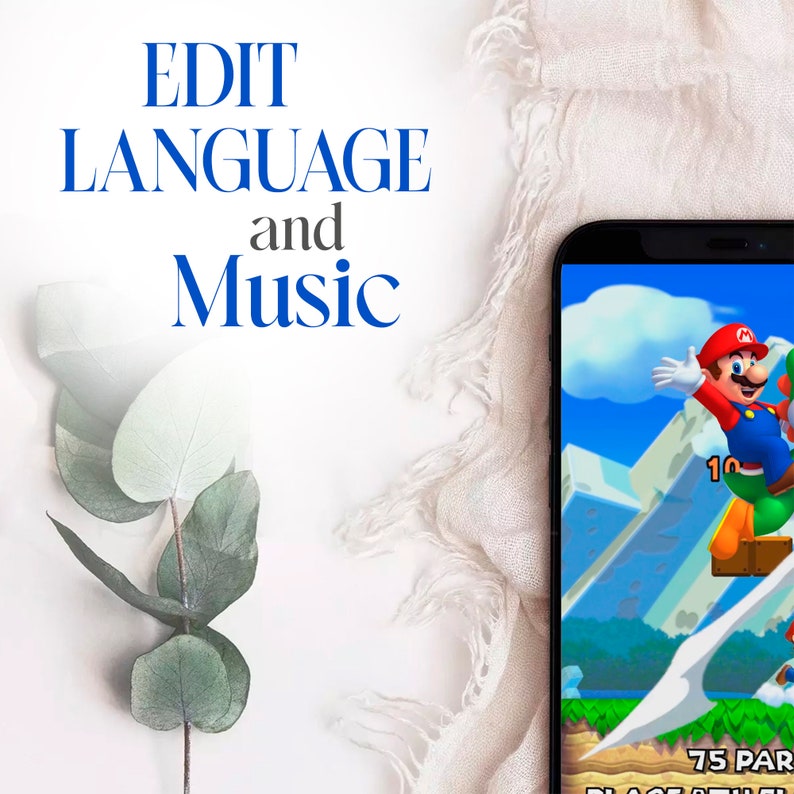 May include: A smartphone displays a colorful video game scene featuring a cartoon character in a red hat and blue overalls. The screen shows a mountain landscape. The words "EDIT LANGUAGE and Music" are in blue.