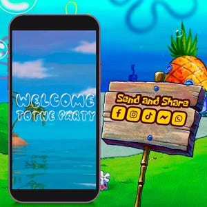 Pu&ograve; includere: Uno smartphone mostra una scena tropicale con la scritta "WELCOME TO THE PARTY". Un cartello di legno recita "Send and Share" con icone di social media. Una casa di ananas e bolle sono sullo sfondo, in stile cartone animato.