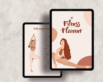 May include: A digital planner with a brown and white abstract design. The planner is titled "Fitness Planner" and features a woman in a yoga pose. The text "Pretty WomanByDoha" is at the bottom of the planner.