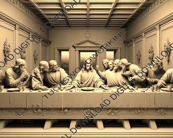 May include: A 3D rendering of the Last Supper, depicting Jesus and his disciples seated at a table. The scene is rendered in a realistic style, with detailed figures and a warm color palette.