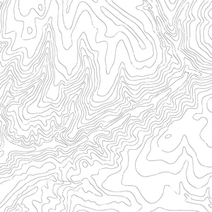 May include: Abstract black and white topographic map design with wavy lines. The lines create a pattern of hills and valleys.