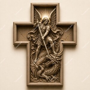 May include: A detailed relief sculpture of Saint Michael the Archangel slaying a dragon, set within a cross-shaped frame. The sculpture is in shades of brown and beige, with intricate details on the figures and wings.