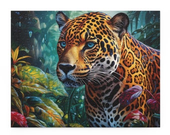 May include: A close-up of a jaguar with blue eyes, looking directly at the viewer. The jaguar is in a lush green jungle setting with vibrant foliage.