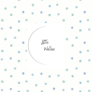 May include: A white background with a repeating pattern of light blue and green watercolor dots. The text "little Wallies" is centered in a circle.